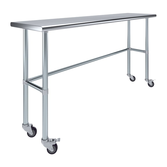 AmGood 72" Long x 18" Deep Stainless Steel Work Table With Open Base and Wheels | Mobile Metal Table