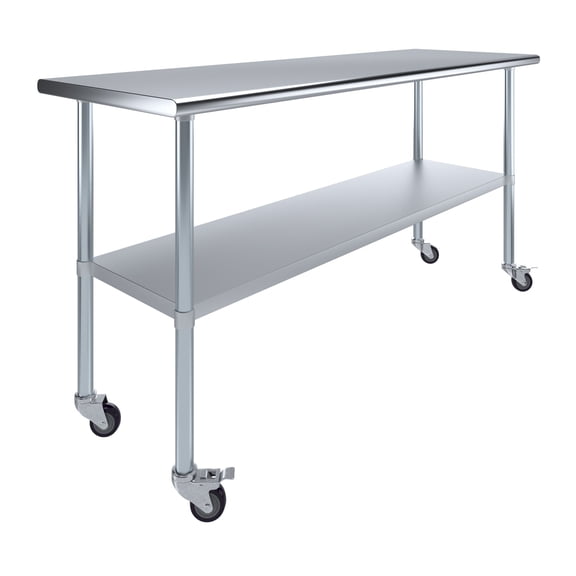 AmGood 72" Long x 24" Deep Stanless Steel Work Table with Casters | Mobile Metal Table