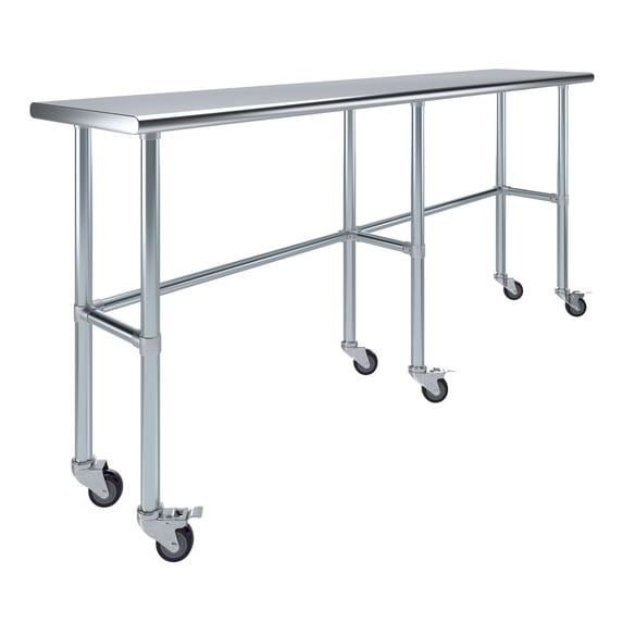 AmGood 84" Long x 18" Deep Stainless Steel Work Table With Open Base and Wheels | Mobile Metal Table