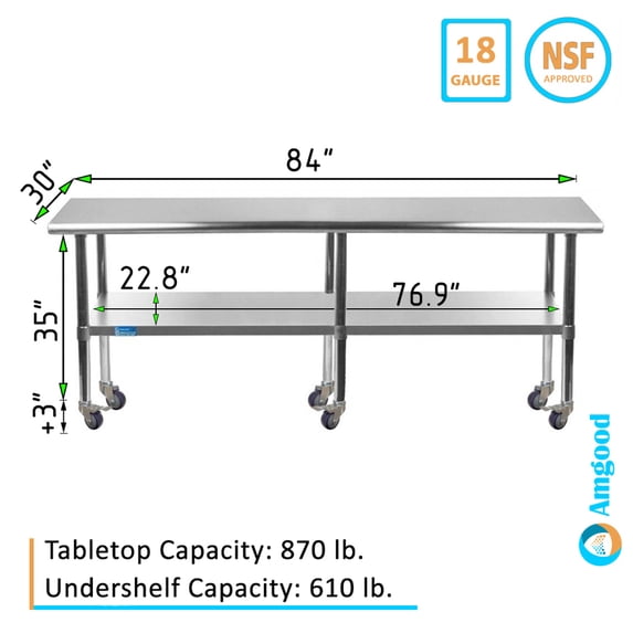 AmGood 84" Long x 30" Deep Stanless Steel Work Table with Casters | Mobile Metal Table