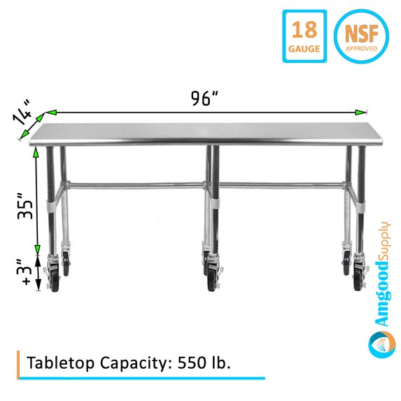 AmGood 96" Long x 14" Deep Stainless Steel Work Table With Open Base and Wheels | Mobile Metal Table