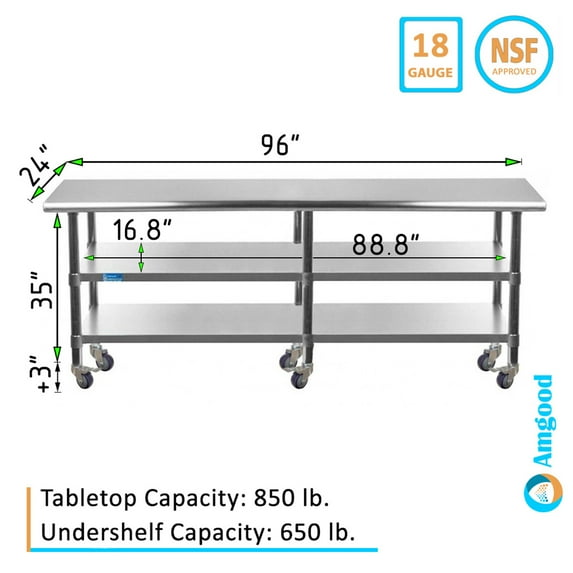 AmGood 96" Long x 24" Deep Stainless Steel Work Table with 2 Shelves and wheels | Commercial & Residential NSF Utility Table | Metal Food Prep Station