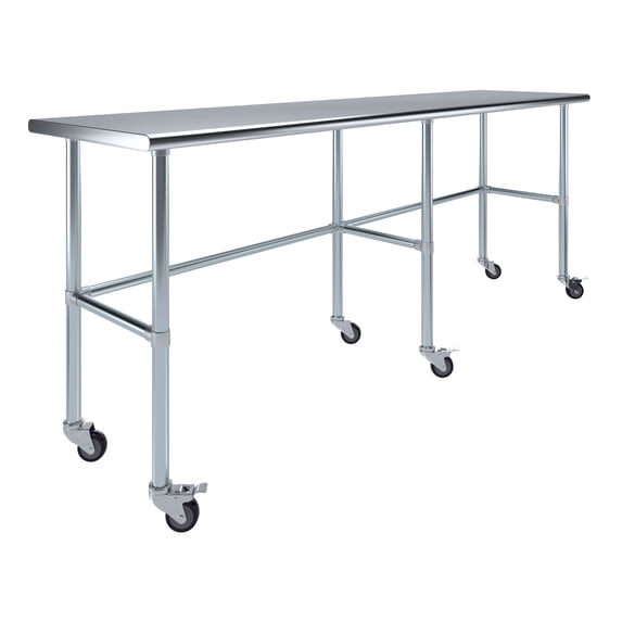 AmGood 96" Long x 24" Deep Stainless Steel Work Table With Open Base and Wheels | Mobile Metal Table