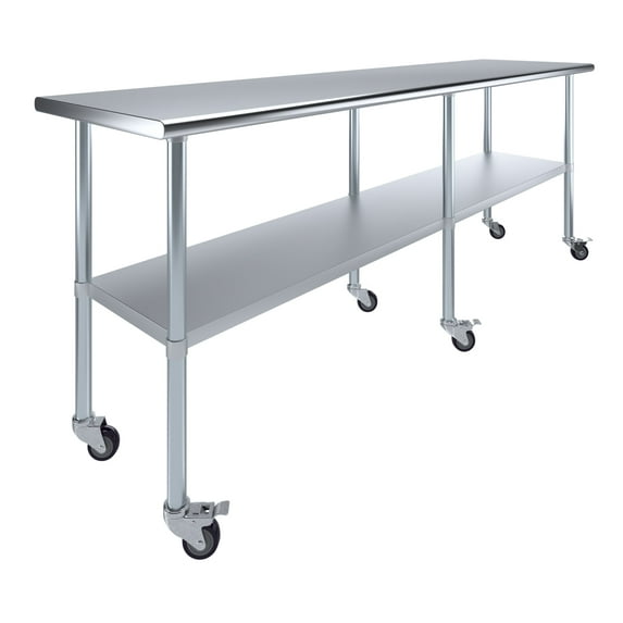 AmGood 96" Long x 24" Deep Stanless Steel Work Table with Casters | Mobile Metal Table