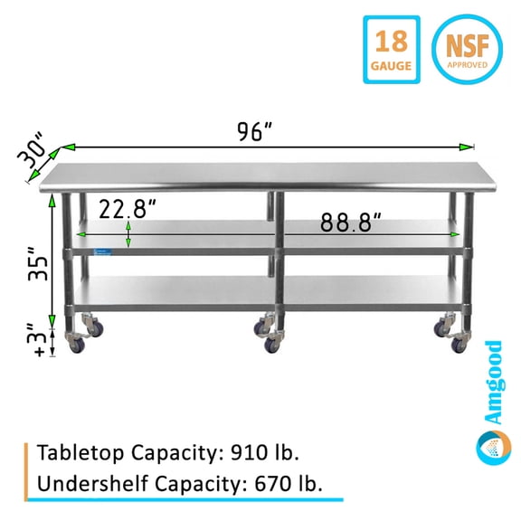 AmGood 96" Long x 30" Deep Stainless Steel Work Table with 2 Shelves and wheels | Commercial & Residential NSF Utility Table | Metal Food Prep Station