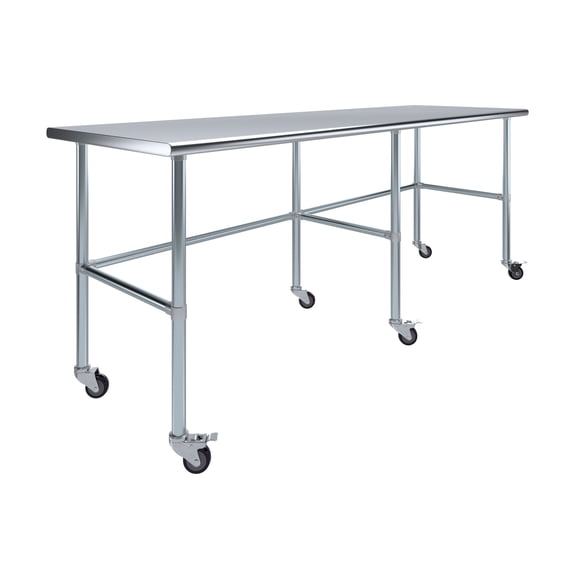 AmGood 96" Long x 30" Deep Stainless Steel Work Table With Open Base and Wheels | Mobile Metal Table