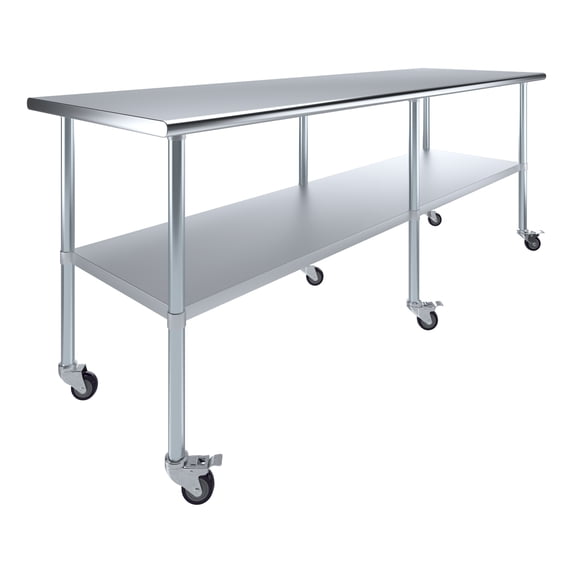 AmGood 96" Long x 30" Deep Stanless Steel Work Table with Casters | Mobile Metal Table