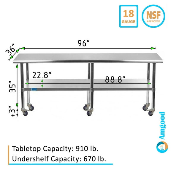 AmGood 96" Long x 36" Deep Stanless Steel Work Table with Casters | Mobile Metal Table