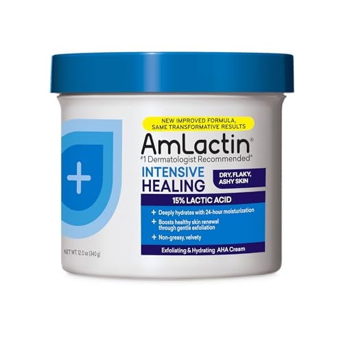 AmLactin Intensive Healing Body Cream, 12 oz Tub, 2-in-1 Exfoliator and Moisturizer for Dry Skin with 15% Lactic Acid and Ceramides for 24-Hour Moisturization