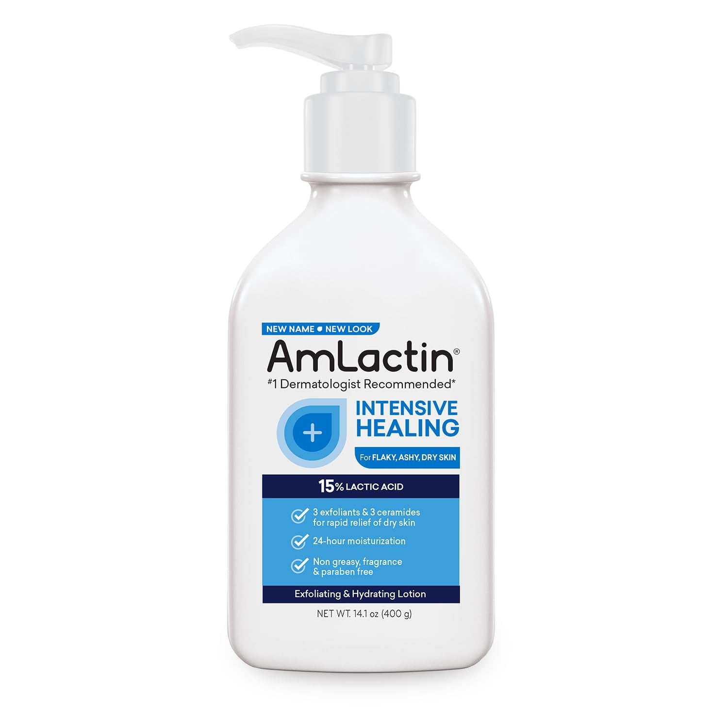 AmLactin Intensive Healing Body RE32Lotion for Dry Skin 141 oz Pump Bottle 2in1 Exfoliator Moisturizer with Ceramides 15 Lactic Acid for Relief from Dry Skin Packaging May Vary