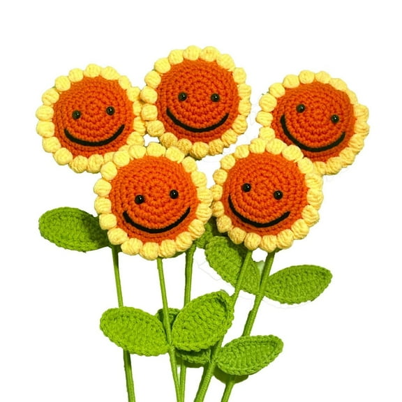 AmMary 5 Pcs 15.75" Smiling Sunflower Fine Hand Knitting Wool Crochet Bouquet Finished Simulation Flowers Teacher's Day Christmas Gift Home Decoration Flower Arrangement
