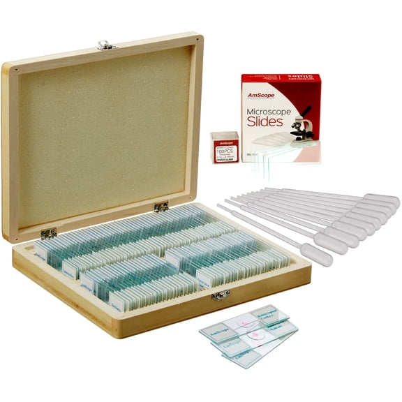 AmScope 100 Biology Prepared Microscope Slides, Blank Slide Coverslip Set and Pipettes New