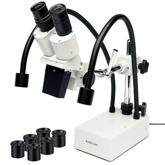 AmScope 10X-40X Compact Fixed-Lens Stereo Boom-Arm Microscope with Dual Gooseneck LED Lights
