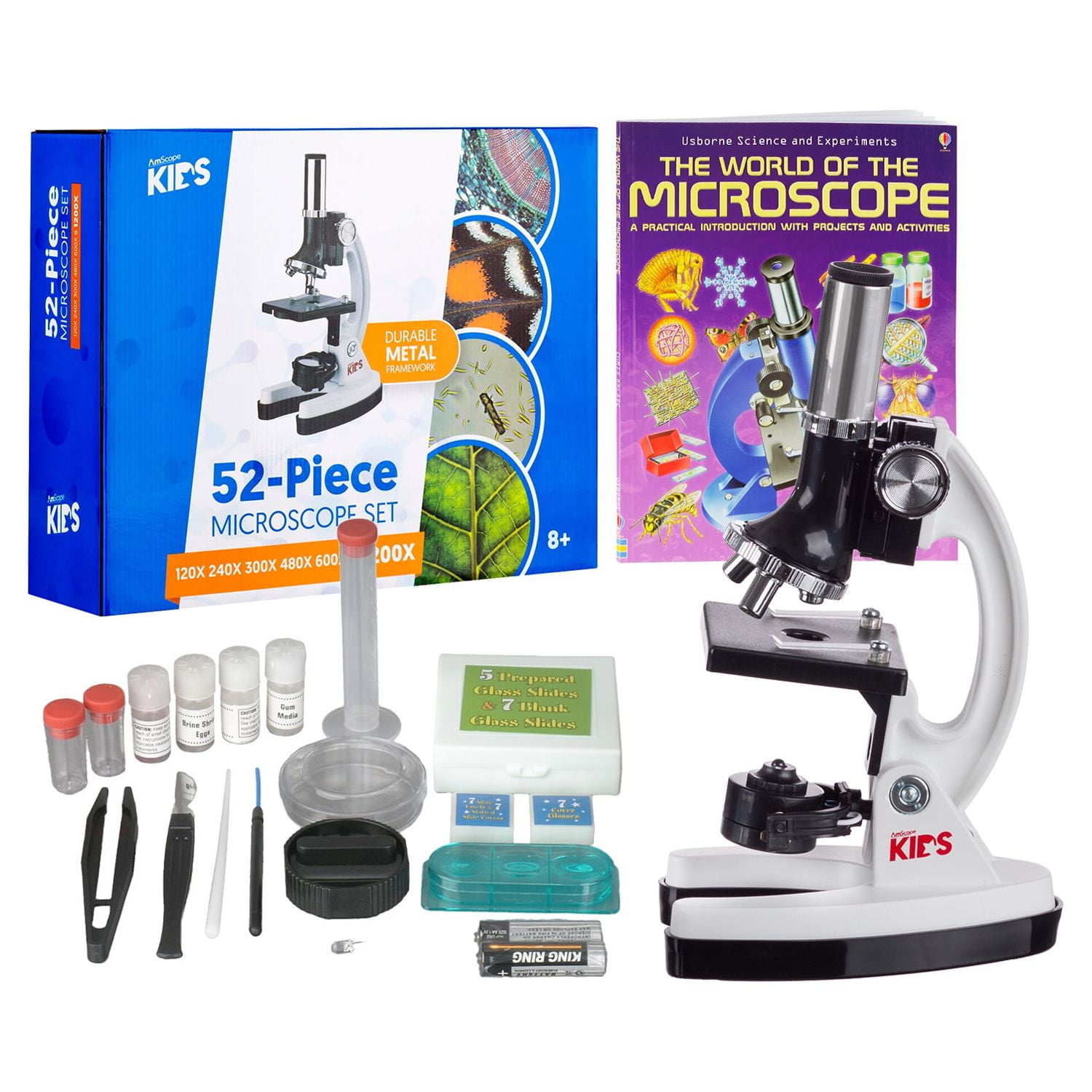 AmScope Science STEM Toy 120X1200X Kids Beginner Compound Microscope Kit with Slides, LED