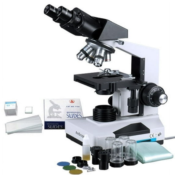 AmScope 1600x Professional Biological Microscope + 50 Slides + 100 Coverslips New