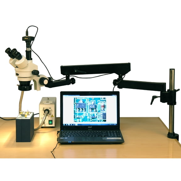 AmScope 3.5X-180X Fiber Ring Articulating Zoom Stereo Microscope + 8MP Digital Camera New