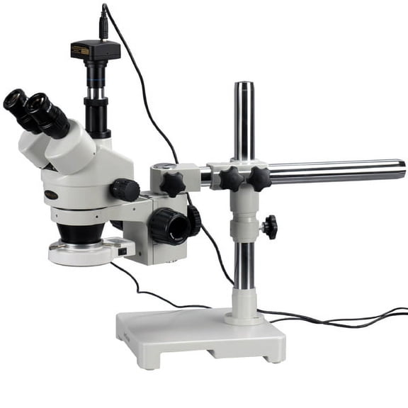 AmScope 3.5X-45X LED Boom Stand Stereo Zoom Microscope + 5MP Camera New