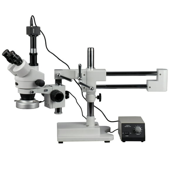 AmScope 3.5X-90X Boom Stand Stereo Microscope w 80-LED Ring Light + 5MP Digital Camera New