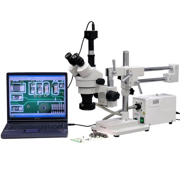 AmScope 3.5X-90X Trinocular Fiber Optic Boom Stereo Microscope with 10MP Camera New