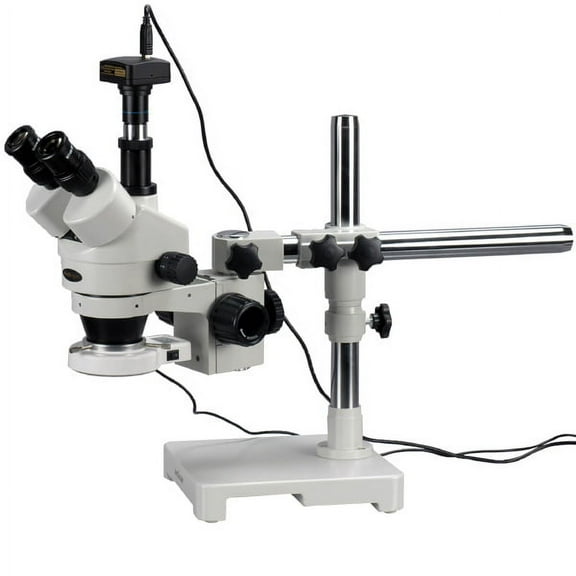 AmScope 3.5X-90X Trinocular LED Boom Stand Stereo Microscope + 5MP Camera New
