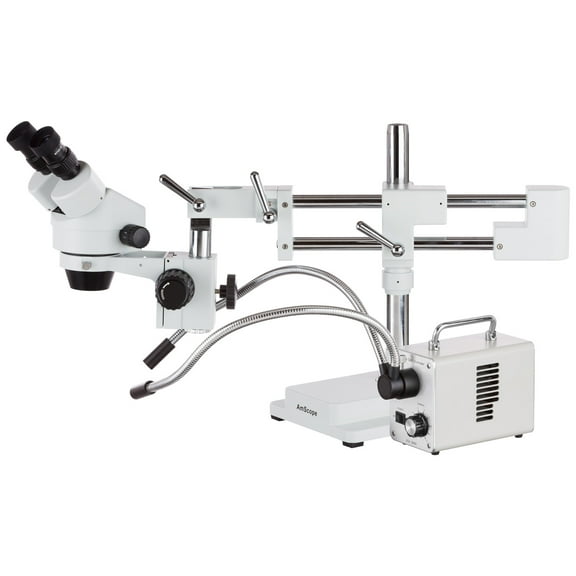 AmScope 3.5X-90X Zoom Stereo Microscope on Dual-Arm Boom Stand with Dual-Arm LED Fiber Optic Light New