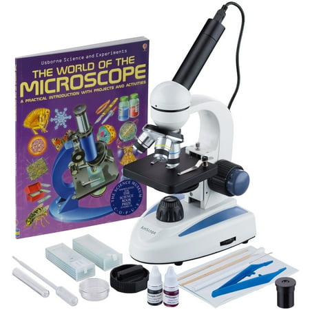 AmScope 40X-1000X Biology Science Metal Glass Student Microscope with USB Digital Camera, Slide Preparation Kit and Book