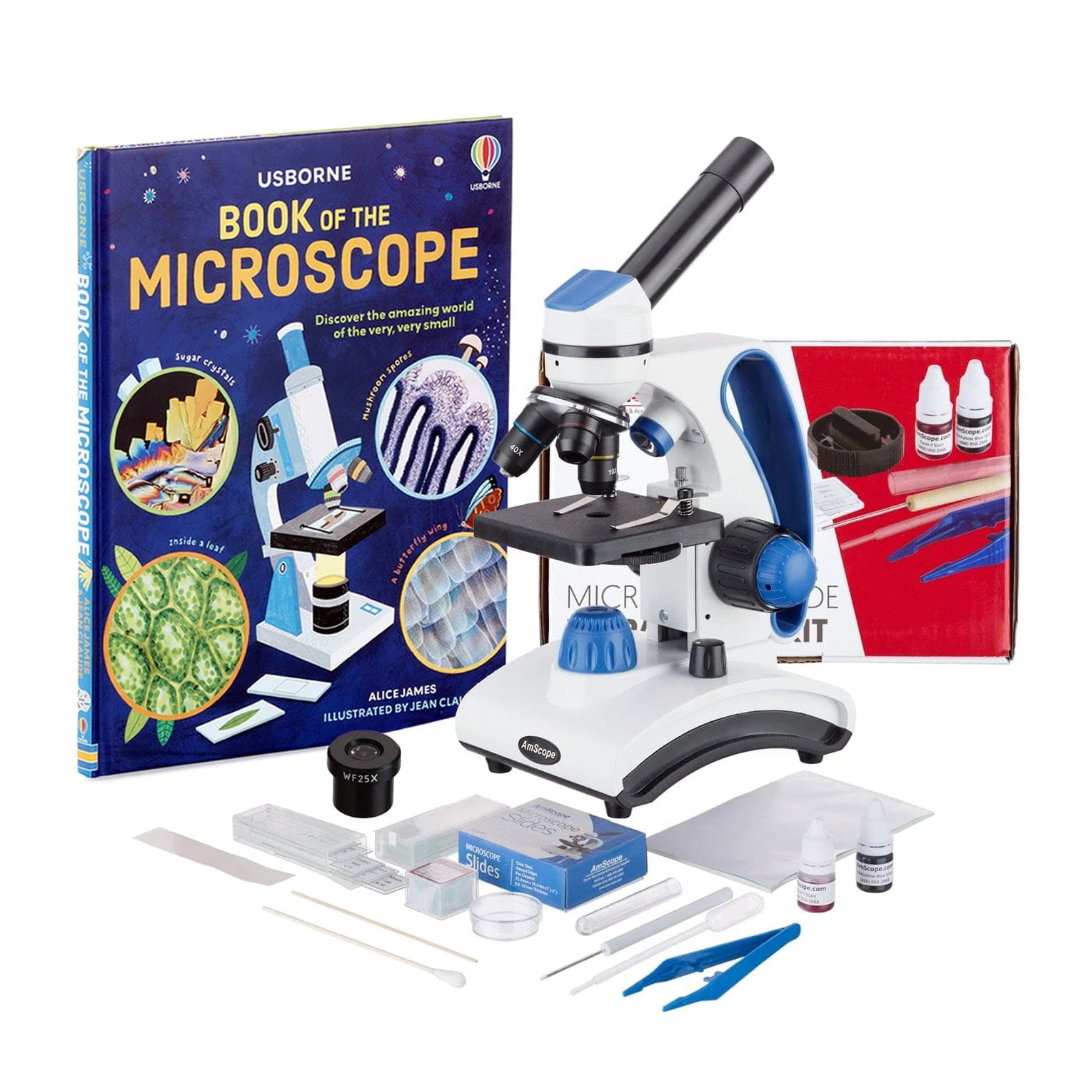 AmScope 40X-1000X Dual Light Glass Lens Metal Frame Student Microscope + Blank Slides + Stains + Book New