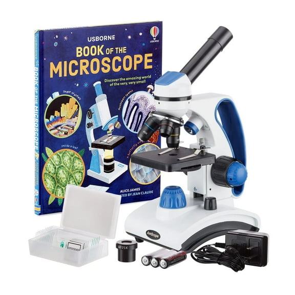 AmScope 40X-1000X Dual Light Glass Lens Metal Frame Student Microscope with Slides and Book