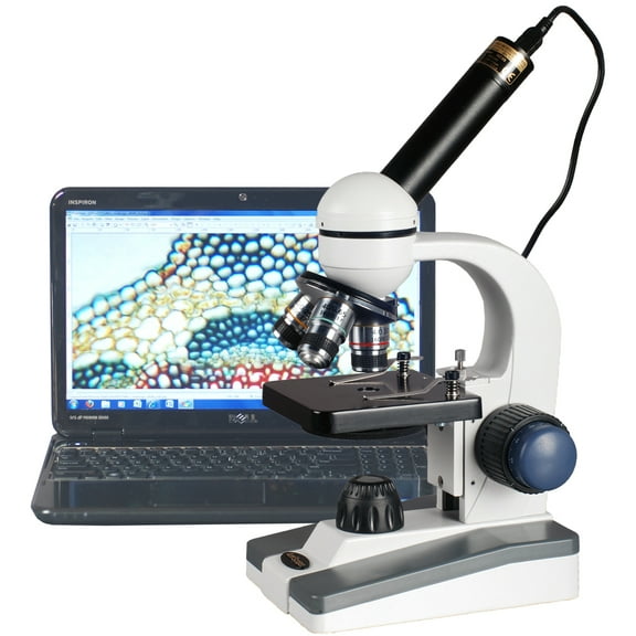 AmScope 40X-1000X Portable Student Compound LED Microscope + 2MP USB Camera with Coarse & Fine Focus