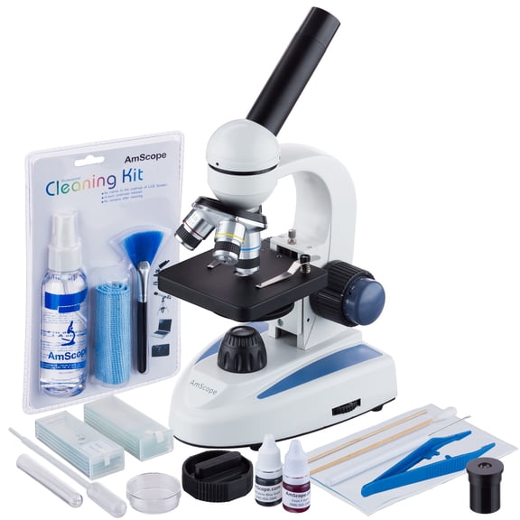 AmScope 40X-1000X Student Cordless LED Compound Microscope + Slide Preparation Kit + Cleaning Kit New