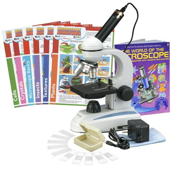 AmScope 40X-1000X Student Microscope Kit w Glass Lens & Metal Frame + Camera, Slides, World of Microscope Book and Experiment Cards