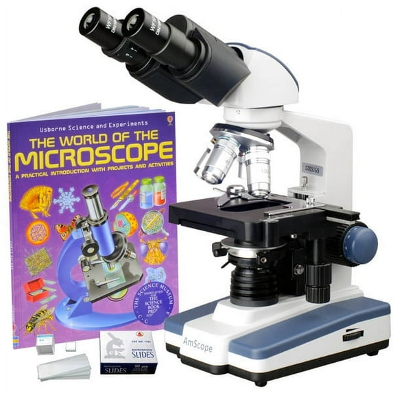 AmScope 40X-2000X LED Lab Binocular Compound Microscope w 3D Stage, 50 Blank Slides, Activity Book