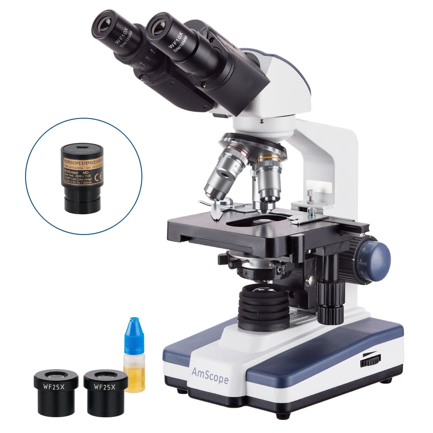 AmScope 40X-2500X LED Digital Binocular Compound Microscope with 3D Stage + USB Camera