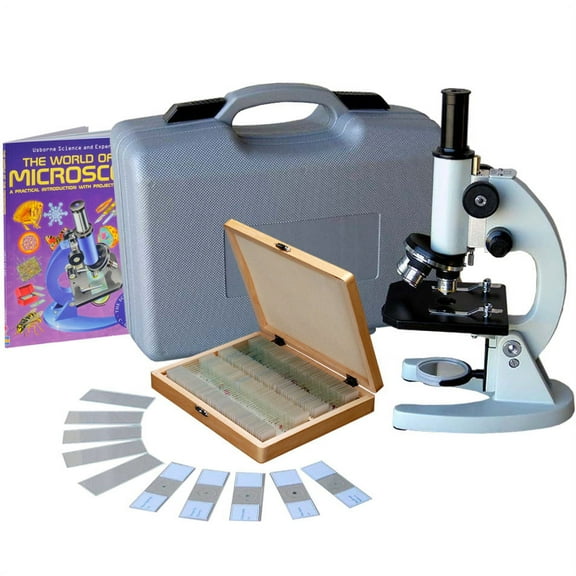 AmScope 40x-1000x Metal Frame Student Microscope with ABS Case, 100pc Specimens & Book New