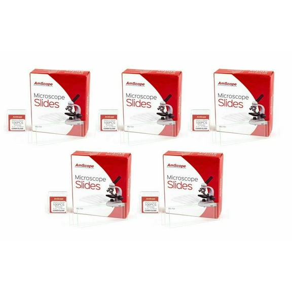 AmScope 5-Pack of 72 Blank Microscope Slides + 5 x 100 Square Cover Slips