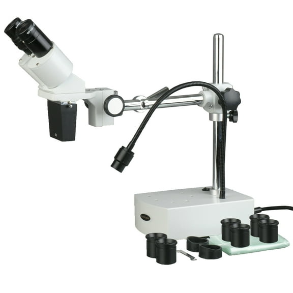 AmScope 5X-10X-15X-20X Stereo Binocular Microscope Boom + Gooseneck LED Light New
