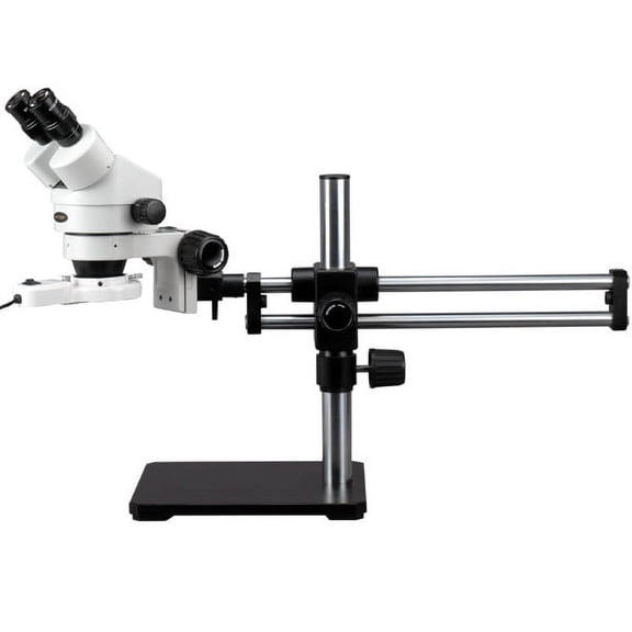 AmScope 7X-45X Stereo Microscope on Ball Bearing Boom Stand + Fluo Light New