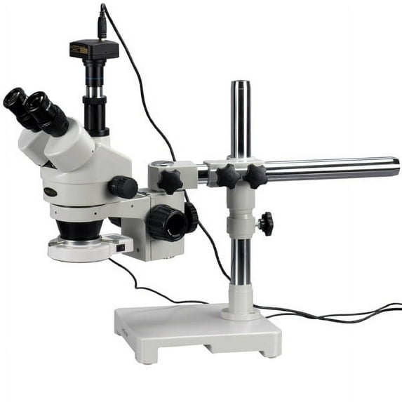 AmScope 7X-90X Trinocular LED Boom Stand Stereo Zoom Microscope + 5MP Camera New