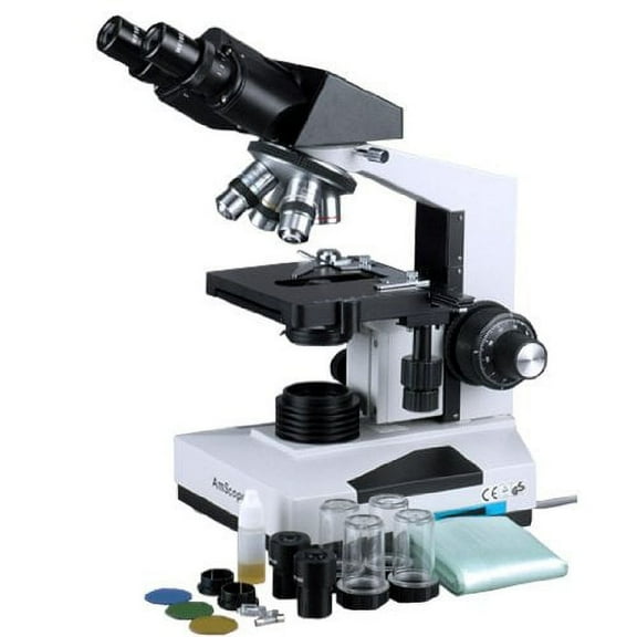 AmScope B490 Compound Binocular Microscope, WF10x Eyepieces, 40X-1000X Magnification, Brightfield, Halogen Illumination,