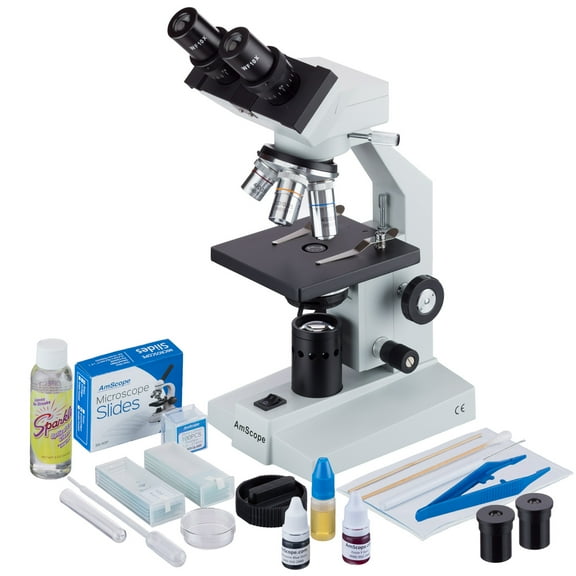 AmScope Binocular Biological Microscope 40X-2500X with Extensive Slide Preparation Kit New