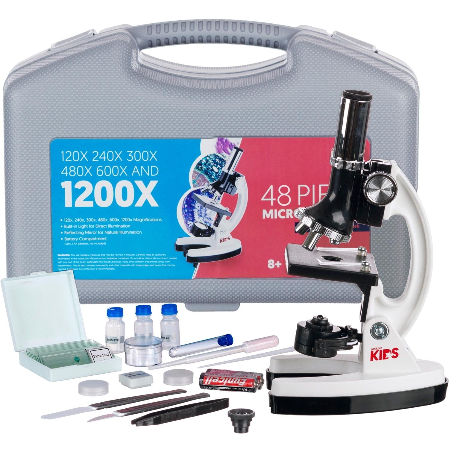 UNITED SCOPE AmScope-KIDS 120X-1200X 48pc Metal Arm Educational Starter Biological Microscope Kit
