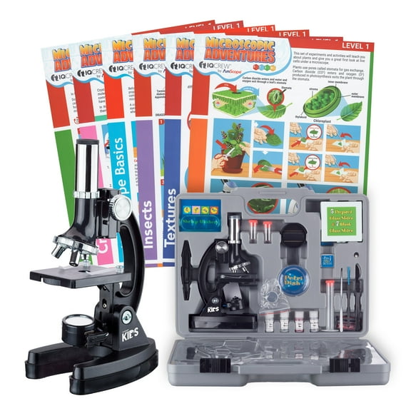 AmScope-KIDS 120X-240X-300X-480X-600X-1200X Metal Arm Starter Kids Student Microscope Kit and Experiment Cards