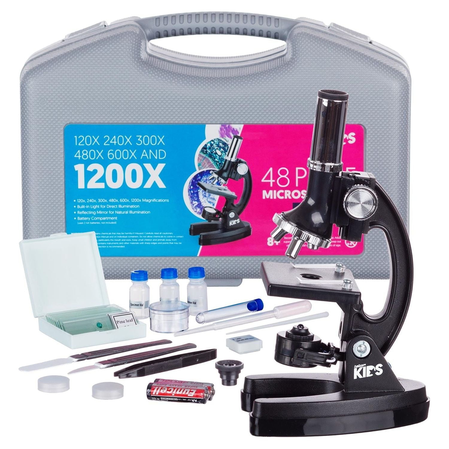 AmScope - Kids 120X-240X-300X-480X-600X-1200X Metal Arm Educational Kids Microscope Kit