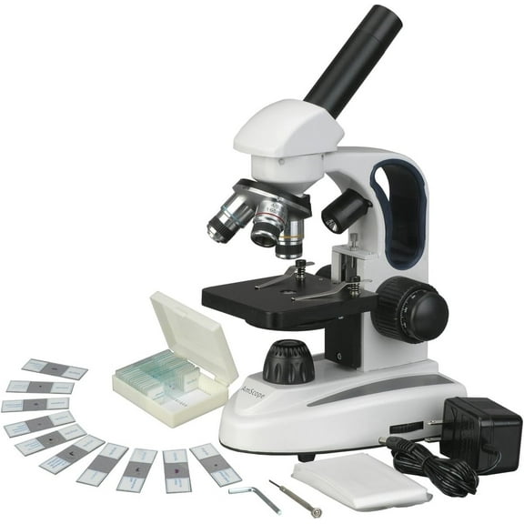 AmScope M158C-2L-PS25 Cordless Compound Monocular Microscope, WF10x and WF25x Eyepieces, 40x-1000x, Coaxial Coarse Fine Focus, Plain Stage, 110V or Battery-Powered, Includes Set of 25 Prepared Slides
