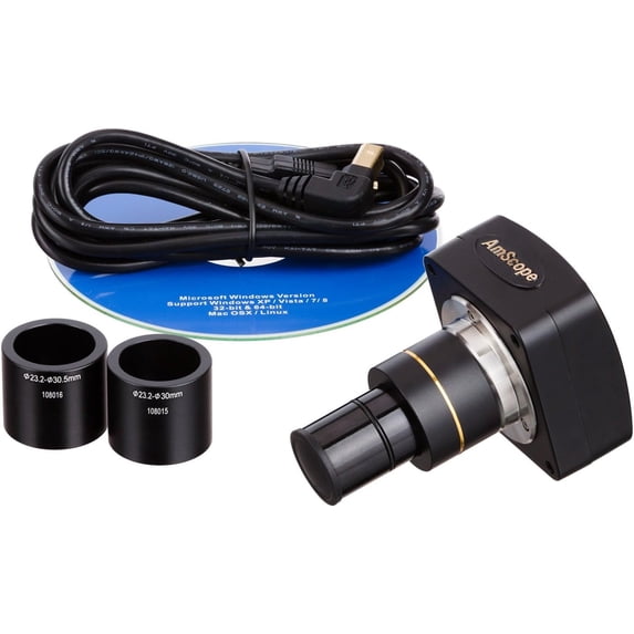AmScope MU1000 10MP Digital Microscope Camera for Still and Video Images, 40x Magnification, 0.5x Reduction Lens, Eye Tube or C-Mount, USB 2.0 Output, Includes Software