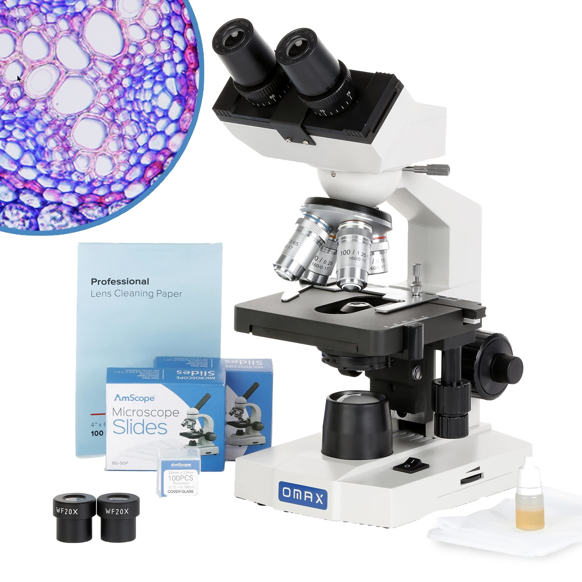 AmScope OMAX 40X-2000X Binocular Compound LED Microscope with Slides & Covers, Cleaning Paper