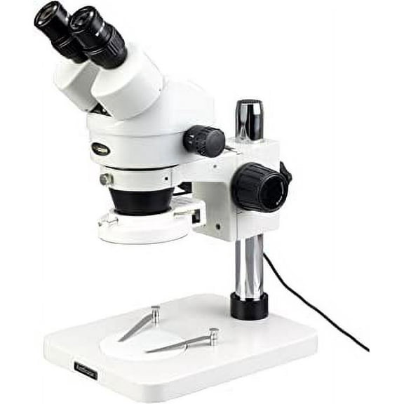 AmScope SM-1BSX-144S Professional Binocular Stereo Zoom Microscope, WH10x Eyepieces, 3.5X-45X Magnification, 0.7X-4.5X Zoom Objective, 144-Bulb LED Ring Light, Pillar Stand, 110V-240V, Includes 0.5x Barlow Lens