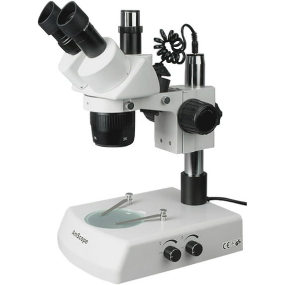 AmScope SW-2T24Z Trinocular Stereo Microscope, WH10x Eyepieces, 20X/40X/80X Magnification, 2X/4X Objective, Upper and Lower Halogen Lighting, Pillar Stand, 110V-120V, Includes 2.0x Barlow Lens