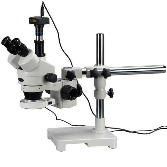 AmScope Trinocular LED Boom Stand Stereo Zoom Microscope + 5MP Camera New