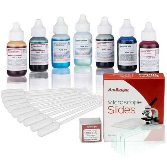 AmScope Vital Stain Kit for Living Cells - Includes Microscope Slide Stains, Pipettes, and 72 Slides